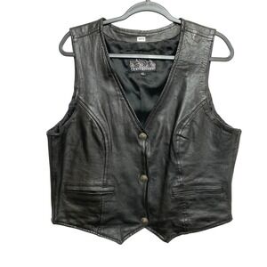 Vintage Leather King Biker Vest Mens XL Black Buffalo Nickel Buttons Leather